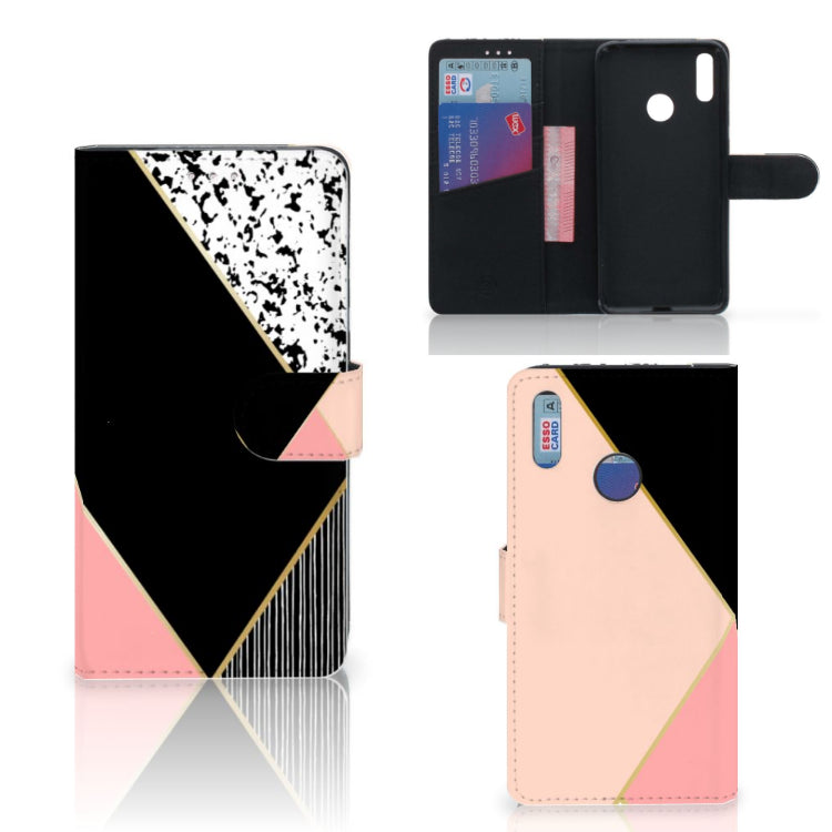 Huawei Y7 (2019) Book Case Zwart Roze Vormen