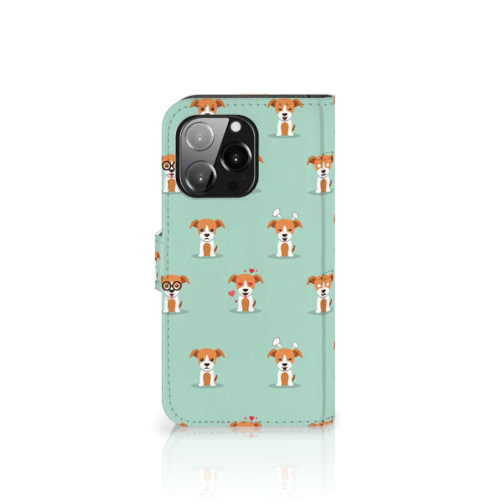 iPhone 13 Pro Telefoonhoesje met Pasjes Pups design met schattige honden op een mintgroene achtergrond 🐶.