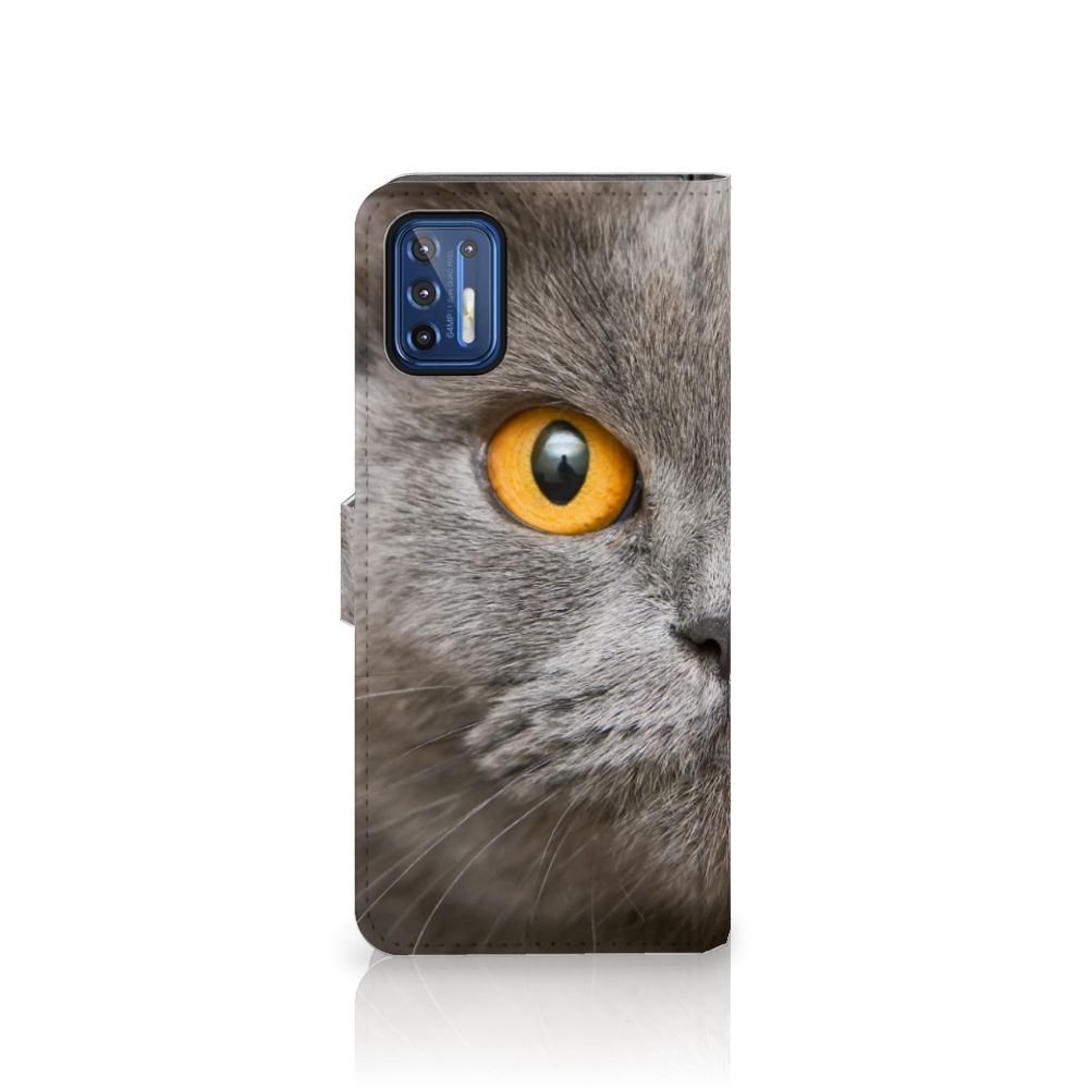 Telefoonhoesje met Pasjes Motorola Moto G9 Plus Britse Korthaar met afbeelding van een indrukwekkende kat.