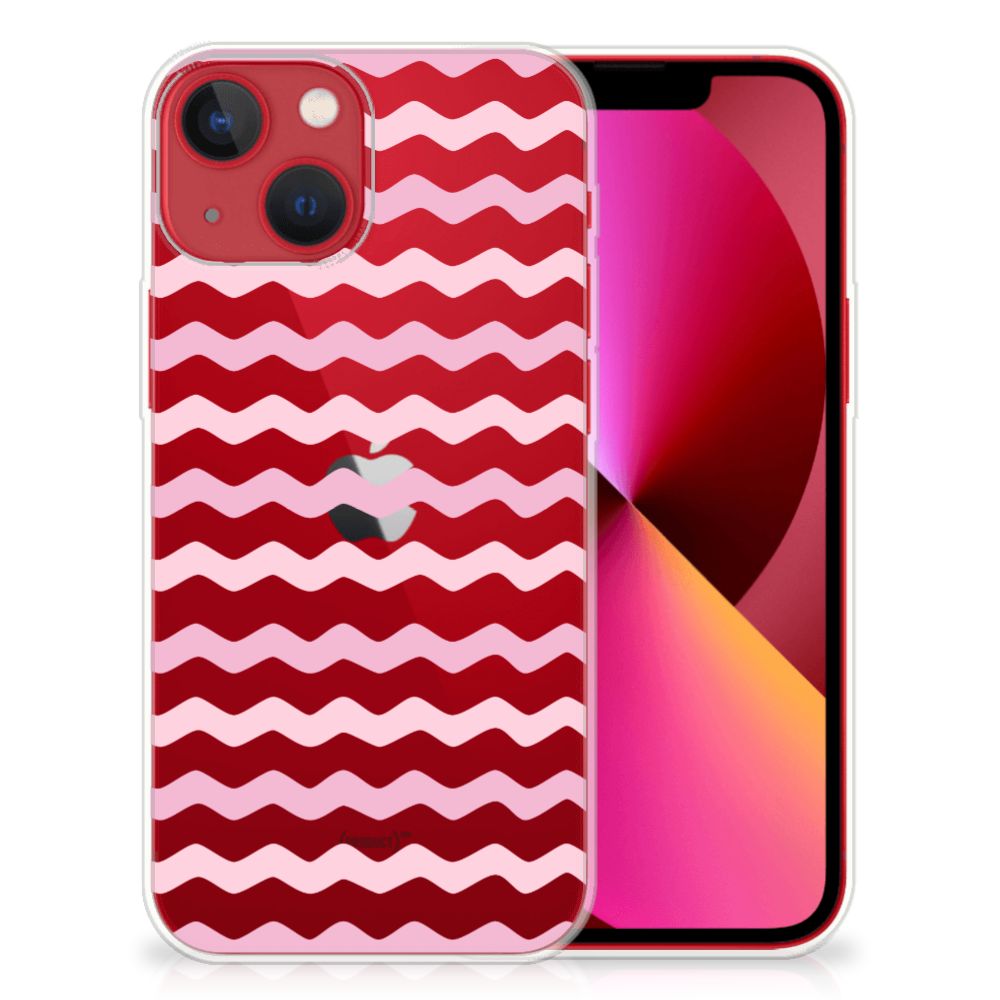 Apple iPhone 13 TPU bumper Waves Roze met een leuk golvend ontwerp in rood en wit.