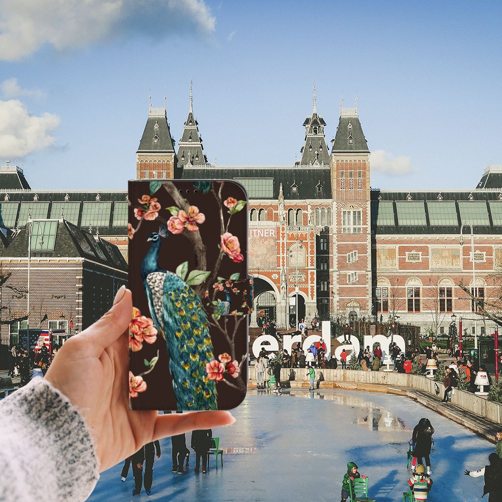 iPhone 13 Pro Max Telefoonhoesje met Pasjes Pauw met Bloemen