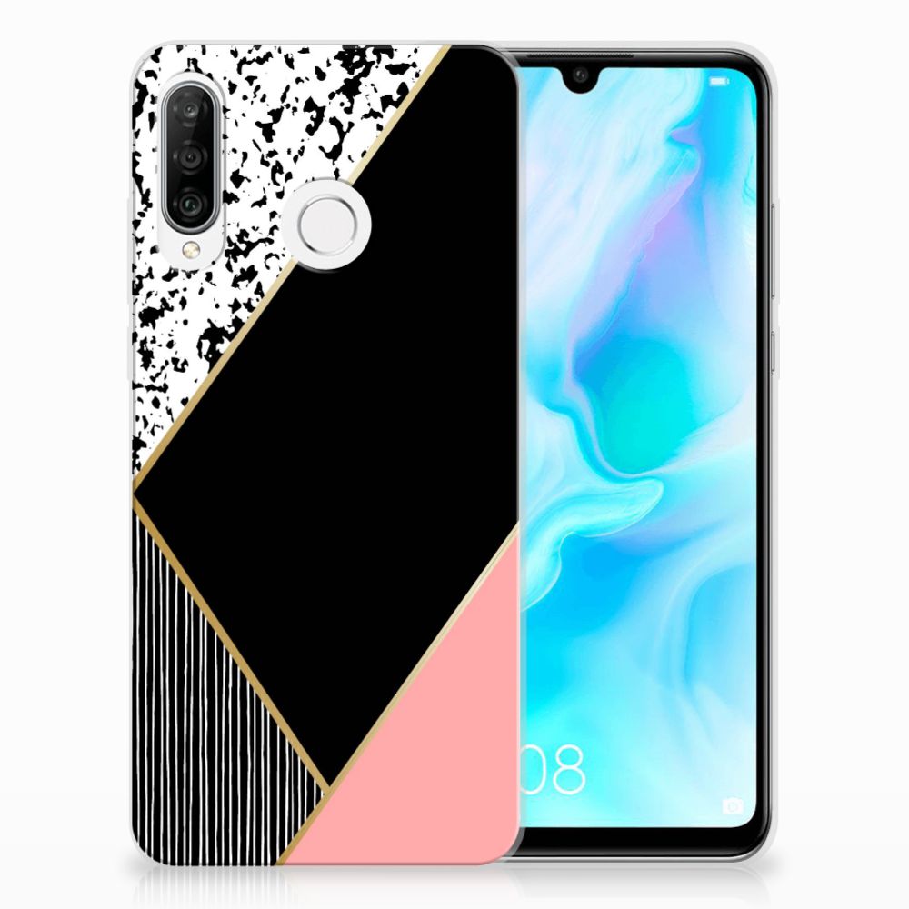 Huawei P30 Lite TPU Hoesje Zwart Roze Vormen