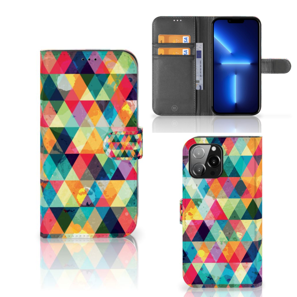 iPhone 13 Pro Max Telefoon Hoesje Geruit met kleurrijk ruitjesdesign en ruimte voor 3 pasjes 🎨