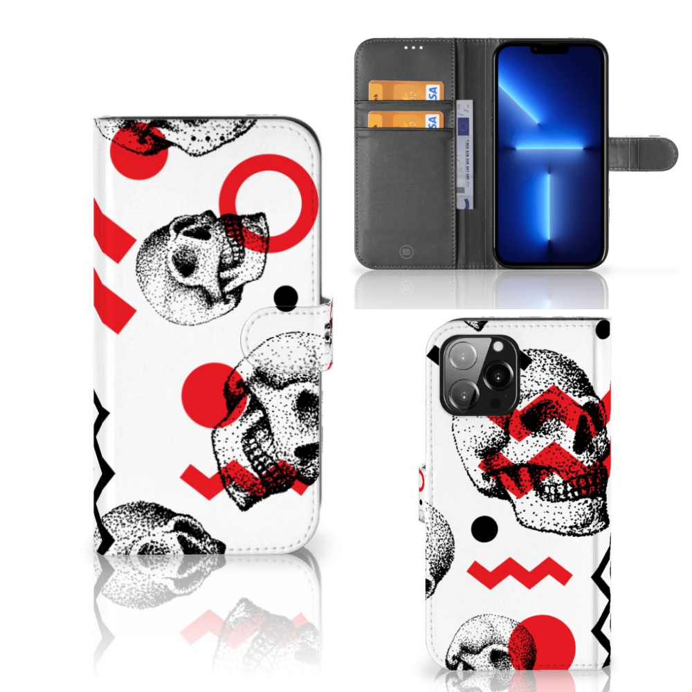 Telefoonhoesje met Naam iPhone 13 Pro Max Skull Red met stoer schedel design en patronen in rood en wit.