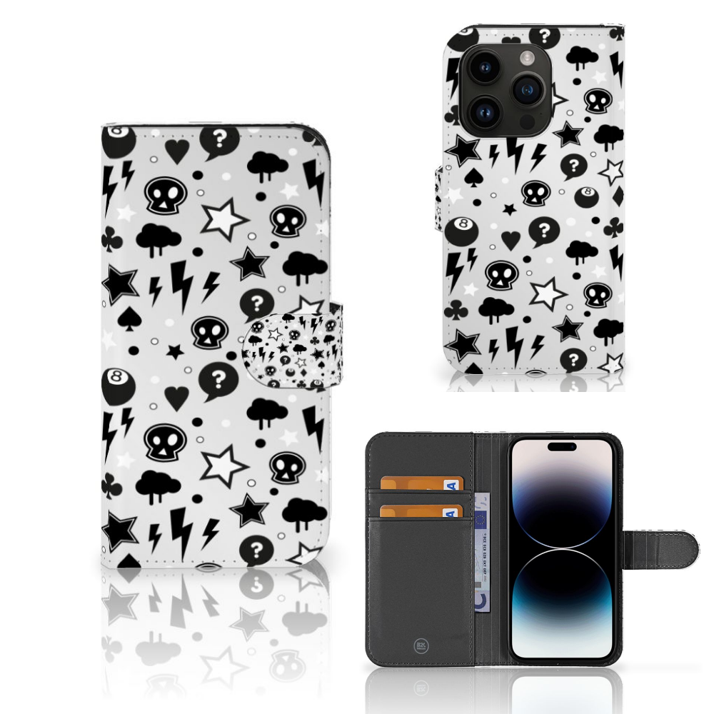 Telefoonhoesje met Naam iPhone 15 Pro Silver Punk - stoer design met sterren, bliksem, en doodskoppen.