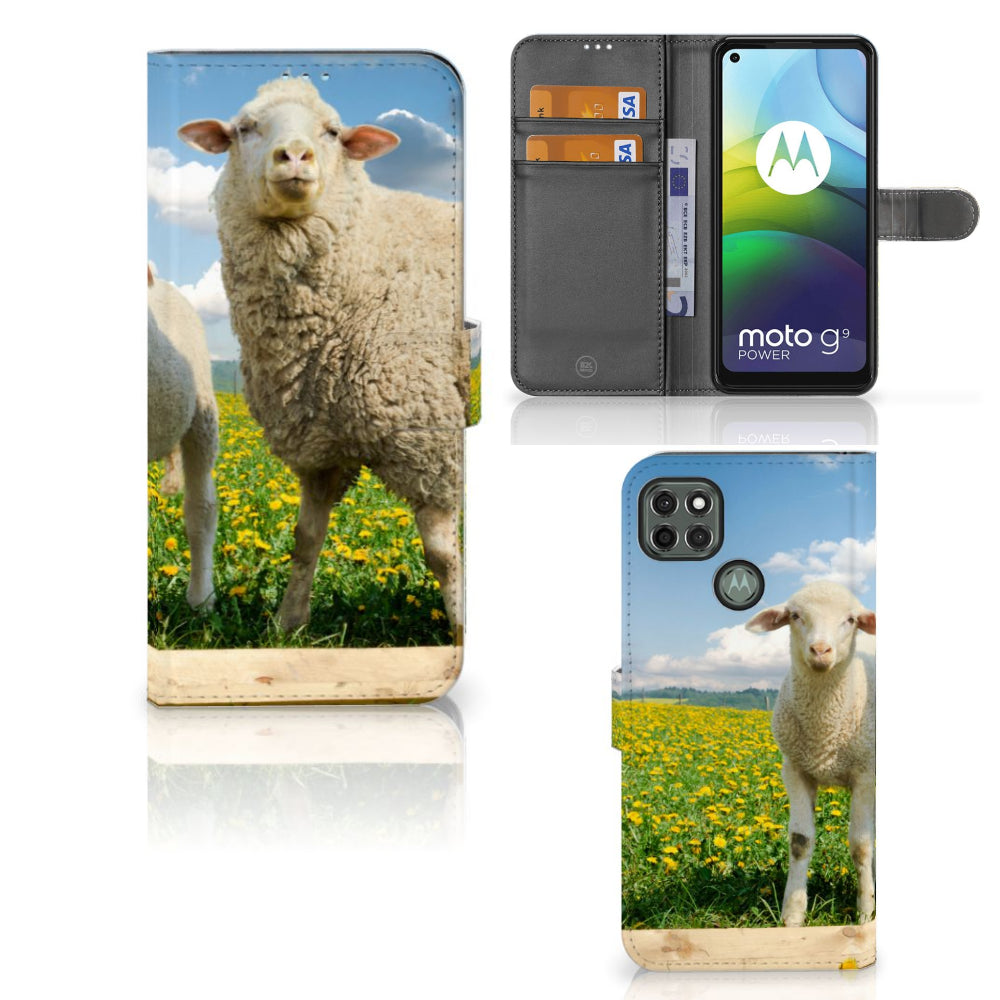 Motorola Moto G9 Power Telefoonhoesje met Pasjes Schaap en Lammetje