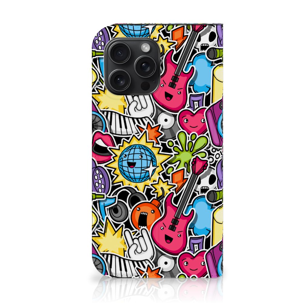 iPhone 15 Pro Max Hippe Standcase Punk Rock met kleurrijk ontwerp vol muziek en feest elementen 🎸