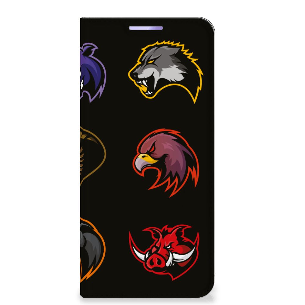 OPPO Find X3 Lite Magnet Case Cartoon met kleurrijke cartoon dierenhoofden en een zwart design.
