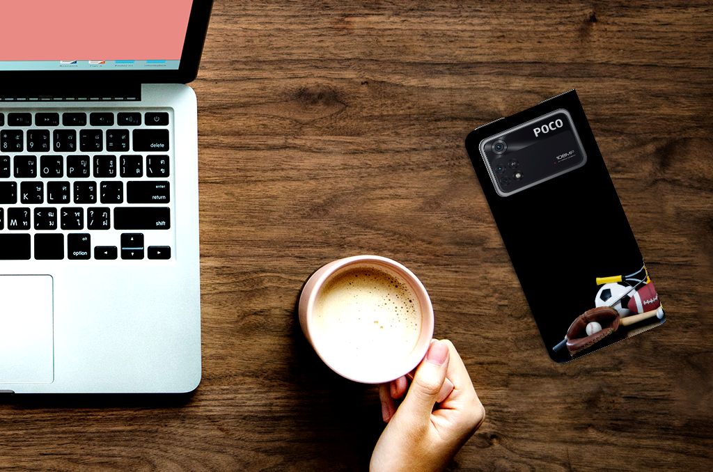 Poco X4 Pro 5G Hippe Standcase Sports design featuring sports print and card holder on table with coffee.
