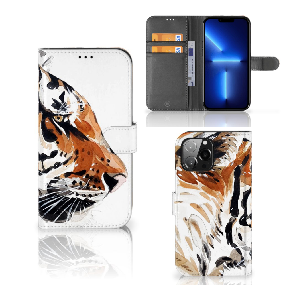 Hoesje iPhone 13 Pro Max Watercolor Tiger met magnetische sluiting en tiger ontwerp 🐅.