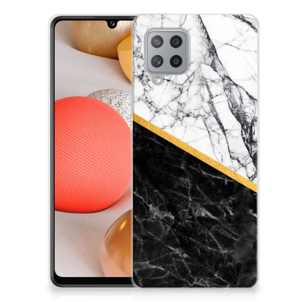 Samsung Galaxy A42 TPU Siliconen Hoesje Marmer Wit Zwart - Origineel Cadeau Man