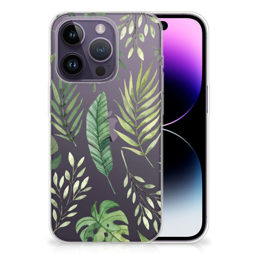 Apple iPhone 14 Pro TPU Case Leaves met groene bladeren op een transparante achtergrond 🌿.
