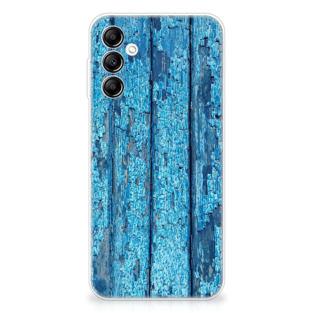Samsung Galaxy A14 5G Bumper Hoesje Wood Blue met print van afgebladderd blauw hout.