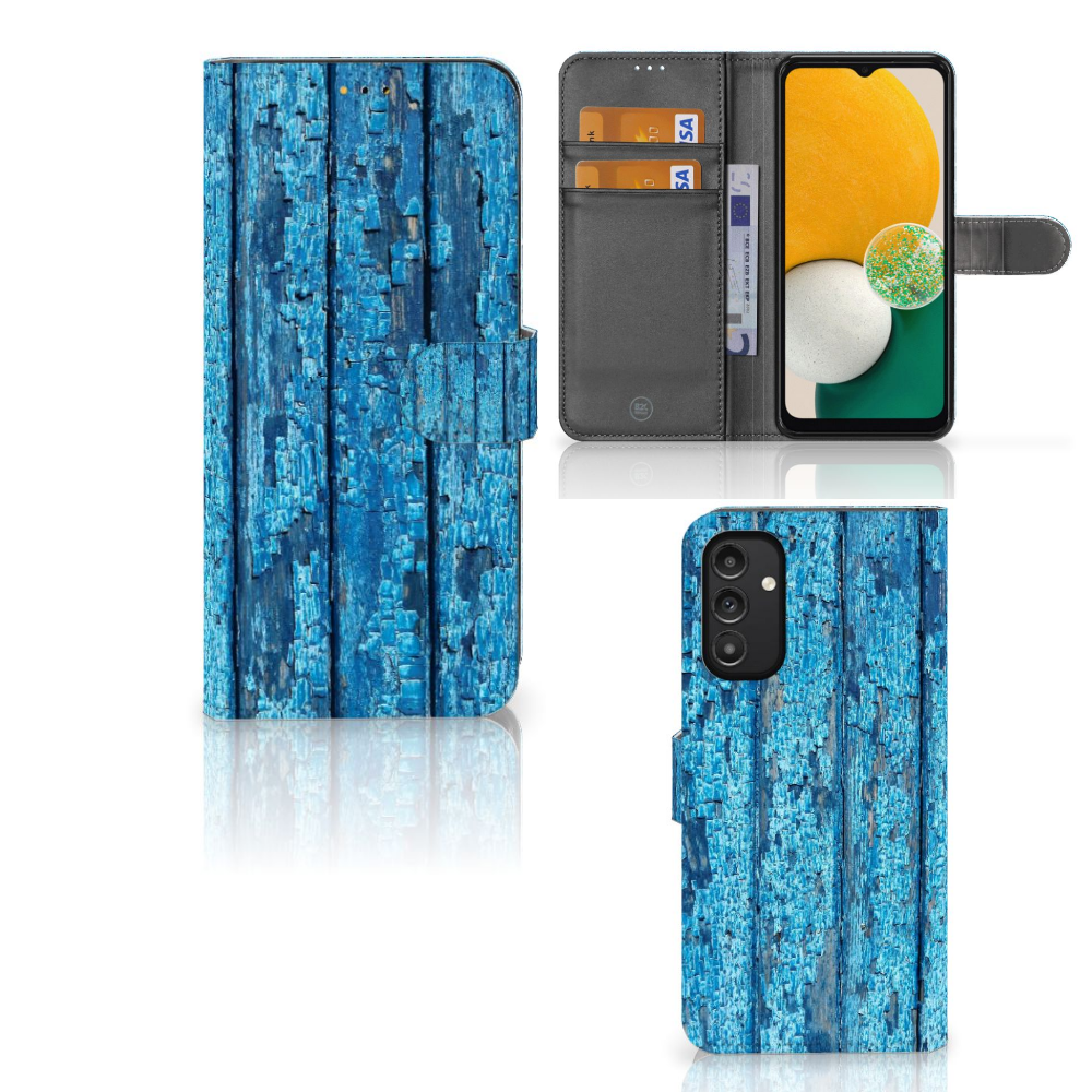 Samsung Galaxy A14 5G Book Style Case Wood Blue - Book-style case in blue wood design with card holders.