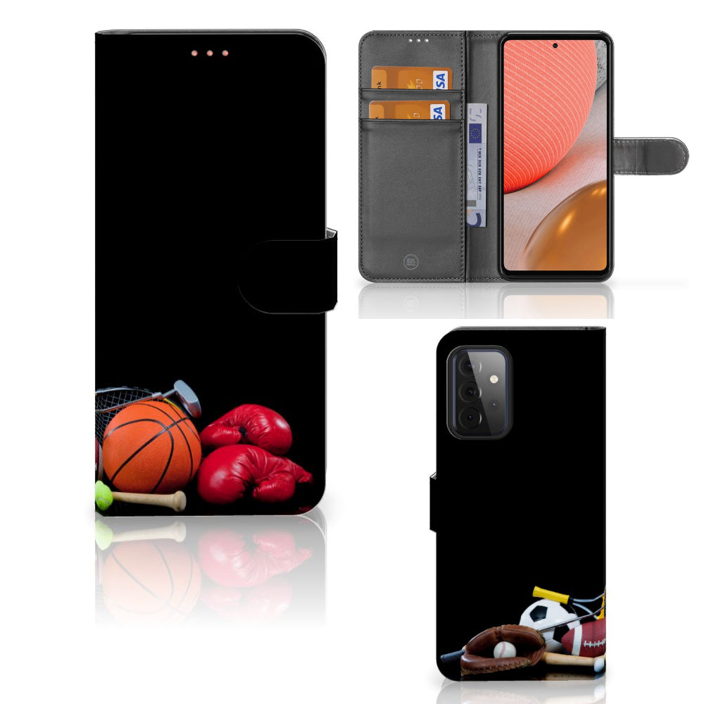 Samsung Galaxy A72 Wallet Case met Pasjes Sports met sport afbeeldingen en ruimten voor pasjes en geld.