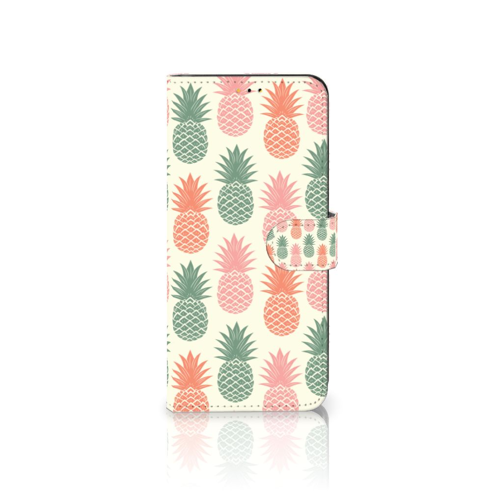 Samsung Galaxy A14 5G Book Cover Ananas met kleurrijke ananasprint in roze, rood en groen.