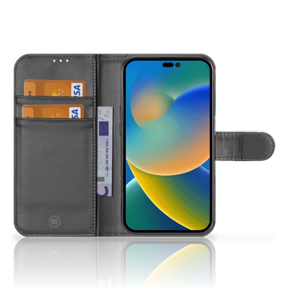 iPhone 14 Pro Bookstyle Case Nederlandse Vlag open, met pasjeshouder en scherm zichtbaar.