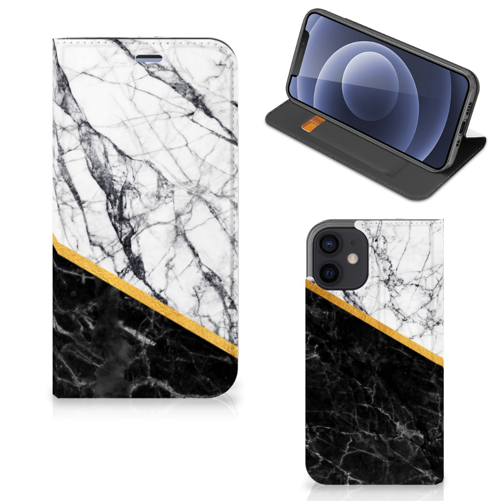 iPhone 12 Mini Standcase Marmer Wit Zwart - Origineel Cadeau Man - B2C Telecom