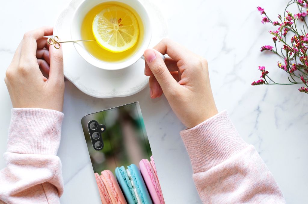 Samsung Galaxy A14 4G Flip Style Cover Macarons with macarons design and a cup of lemon tea.