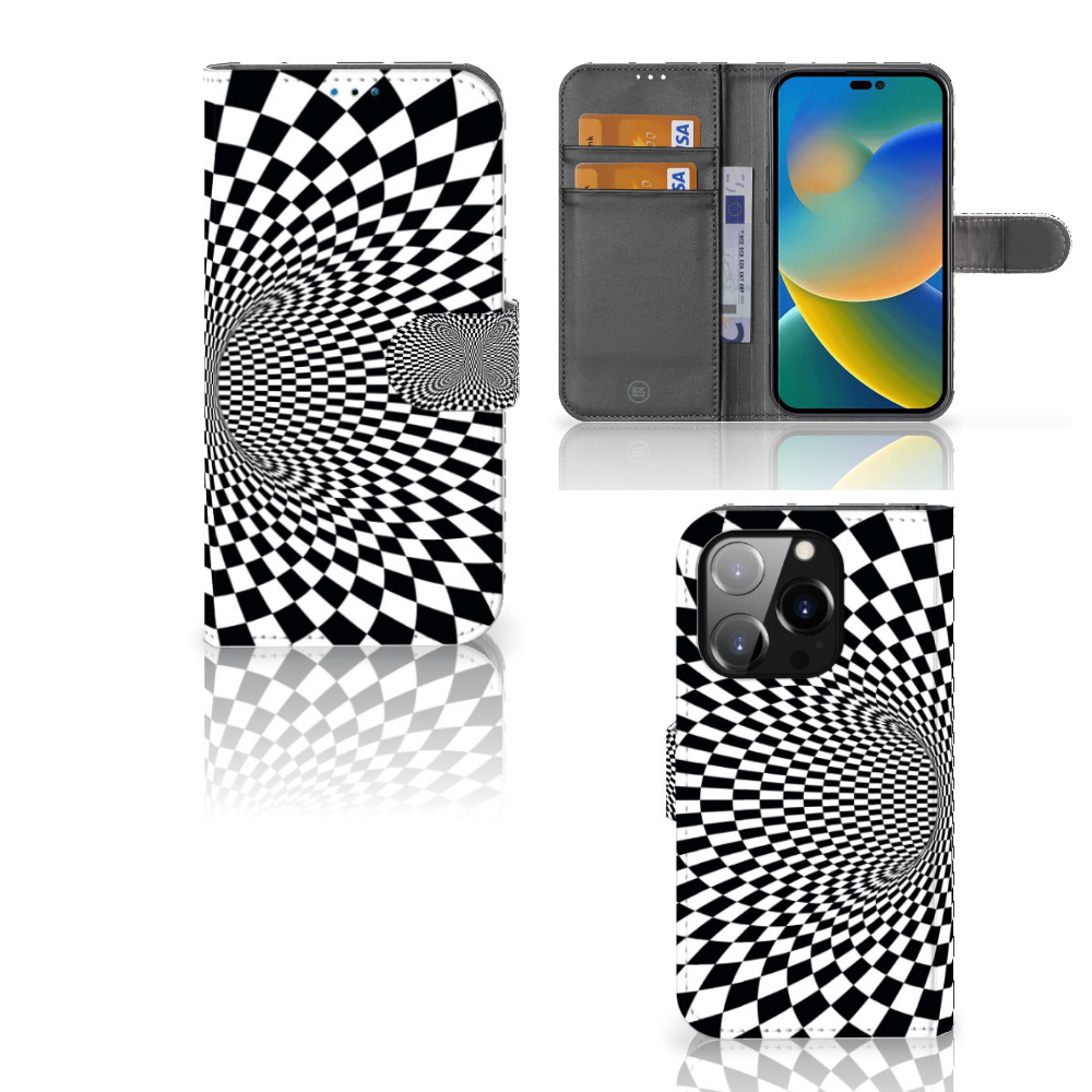 iPhone 14 Pro Book Case Illusie met zwart-wit spiraal ontwerp voor unieke stijl en bescherming.