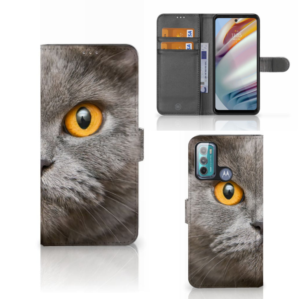 Telefoonhoesje met Pasjes Motorola Moto G60 Britse Korthaar met indrukwekkende kattenafbeelding.