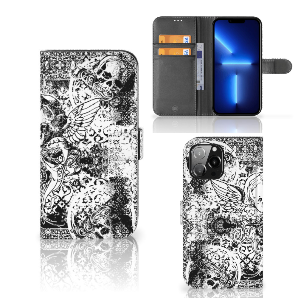 Telefoonhoesje met Naam iPhone 13 Pro Max Skulls Angel met doodshoofden en engelen 🖤