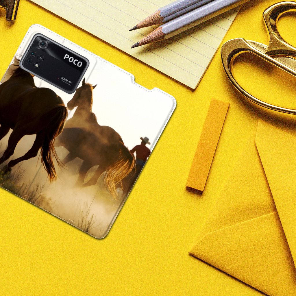 Poco X4 Pro 5G Hoesje maken Design Cowboy met paarden en een cowboy in silhouet.