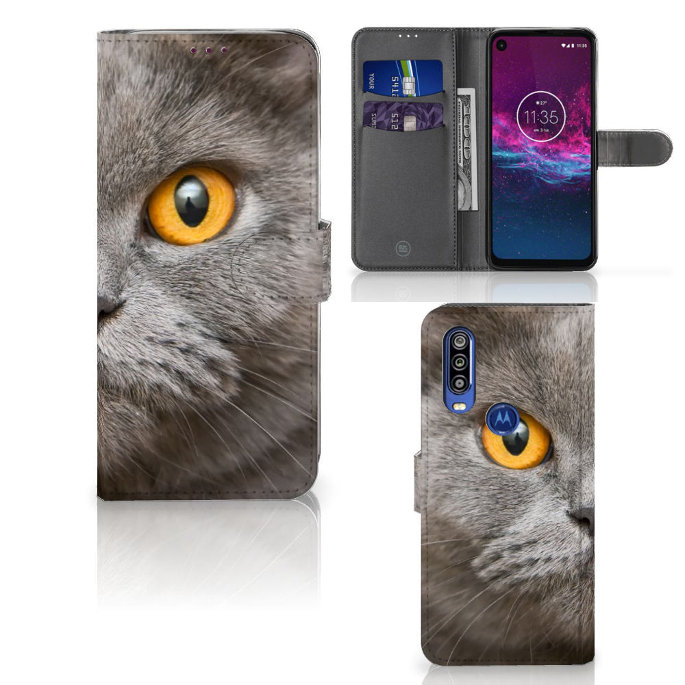Telefoonhoesje met Pasjes Motorola One Action Britse Korthaar met afbeelding van een grijze kat