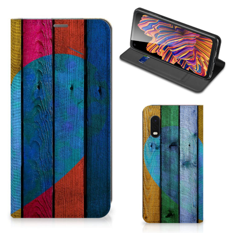 Samsung Xcover Pro Book Wallet Case Wood Heart - Cadeau voor je Vriend