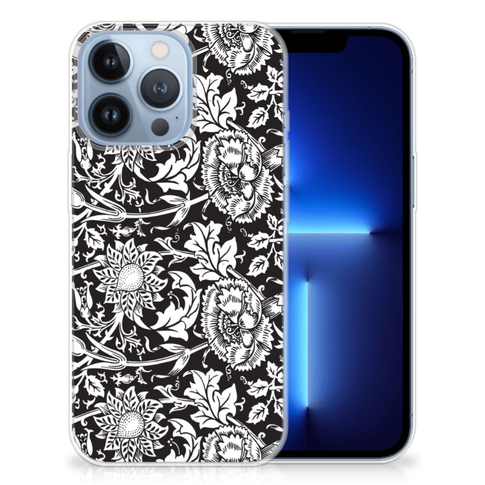 Apple iPhone 13 Pro TPU Case Black Flowers met een elegante bloemenprint op een zwart achtergrond.