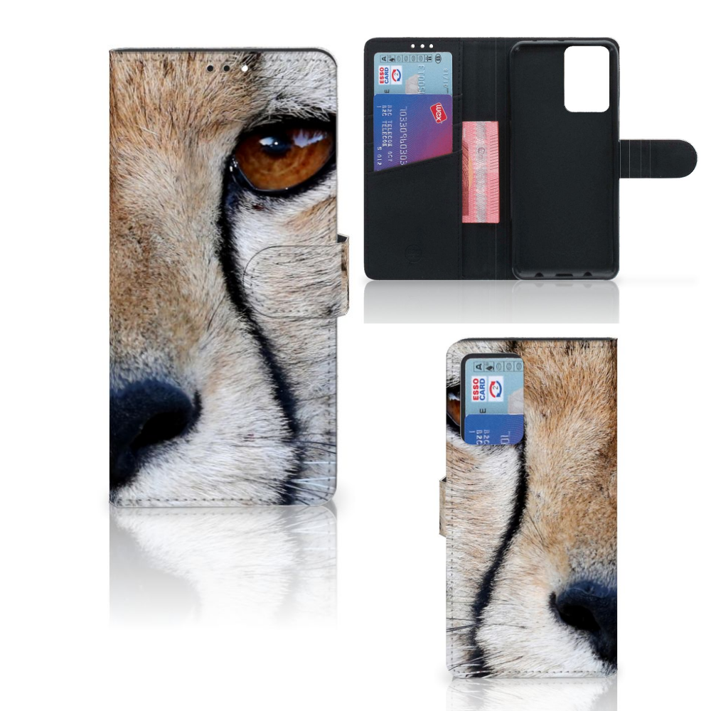 Xiaomi Redmi Note 10 Pro Telefoonhoesje met Pasjes Cheetah met close-up van een cheeta oog en pasjes ruimte.