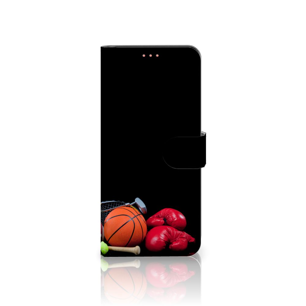 Samsung Galaxy A72 Wallet Case met Pasjes Sports met sportafbeeldingen van basketbal en bokshandschoenen.