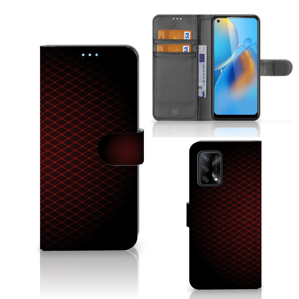 OPPO A74 4G Telefoon Hoesje Geruit Rood met ruimte voor pasjes en minimalistisch design.