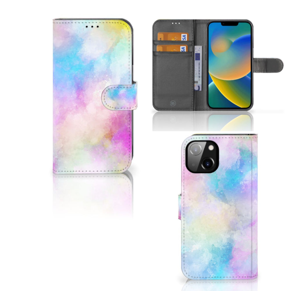 Hoesje Apple iPhone 14 Watercolor Light met pastelkleuren en pasjeshouder, uniek design.