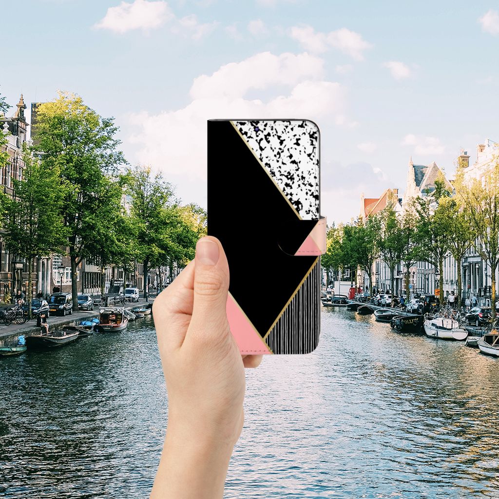 Samsung Galaxy A22 5G Book Case Zwart Roze Vormen