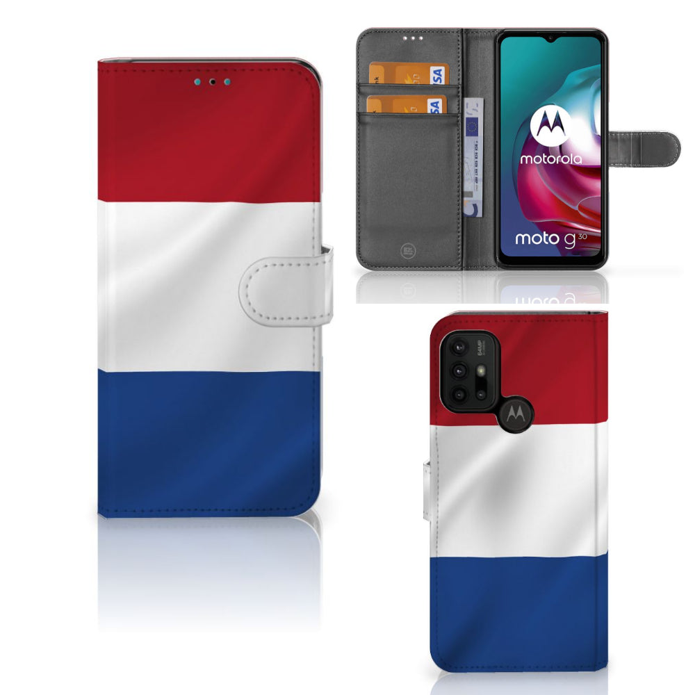 Motorola Moto G10 | G20 | G30 Bookstyle Case Nederlandse Vlag met pasjes en artistiek ontwerp van de Nederlandse vlag.