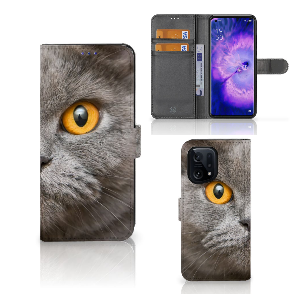 Telefoonhoesje met Pasjes OPPO Find X5 Britse Korthaar met afbeelding van een Britse korthaar kat.