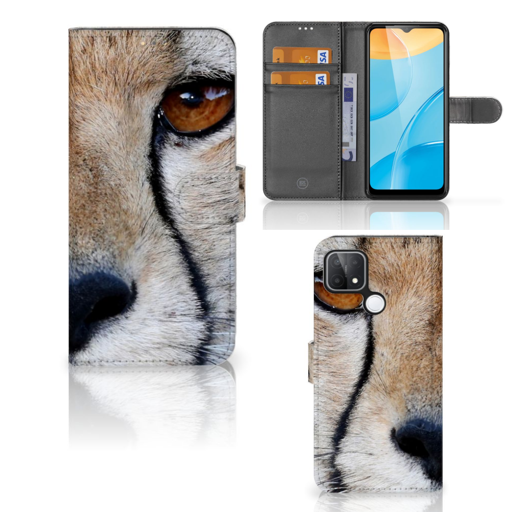 OPPO A15 Telefoonhoesje met Pasjes Cheetah met close-up van cheeta en ruimte voor 3 pasjes.