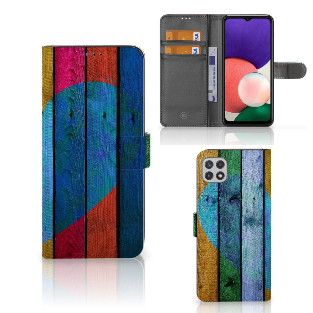 Samsung Galaxy A22 5G Book Style Case Wood Heart - Cadeau voor je Vriend