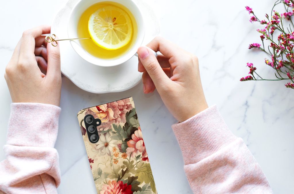 Smart Cover voor Samsung Galaxy A14 4G Bloemen naast een kopje thee met citroen.