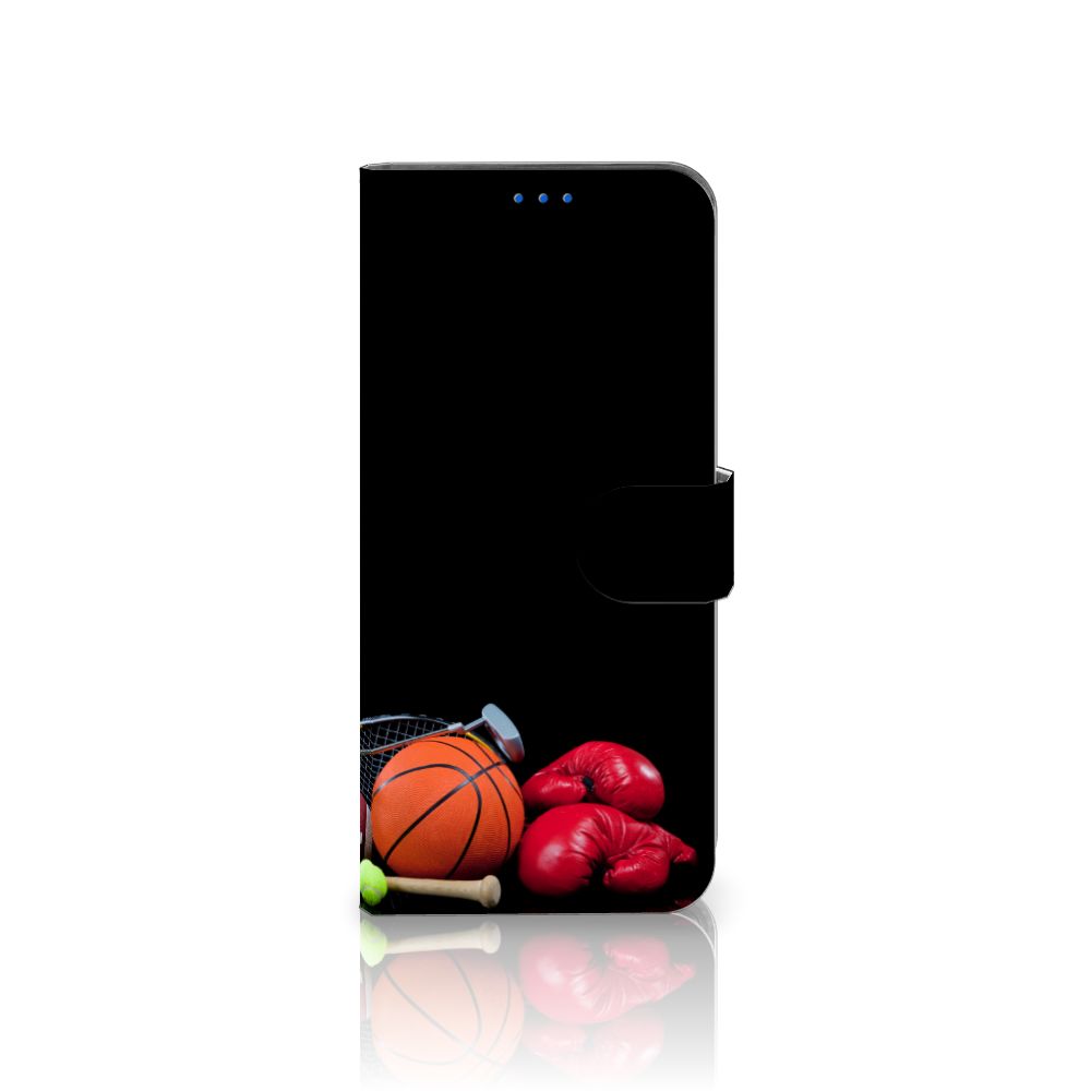 OPPO Reno 6 Pro Plus 5G Wallet Case met Pasjes Sports met sportafbeeldingen van basketbal en bokshandschoenen.