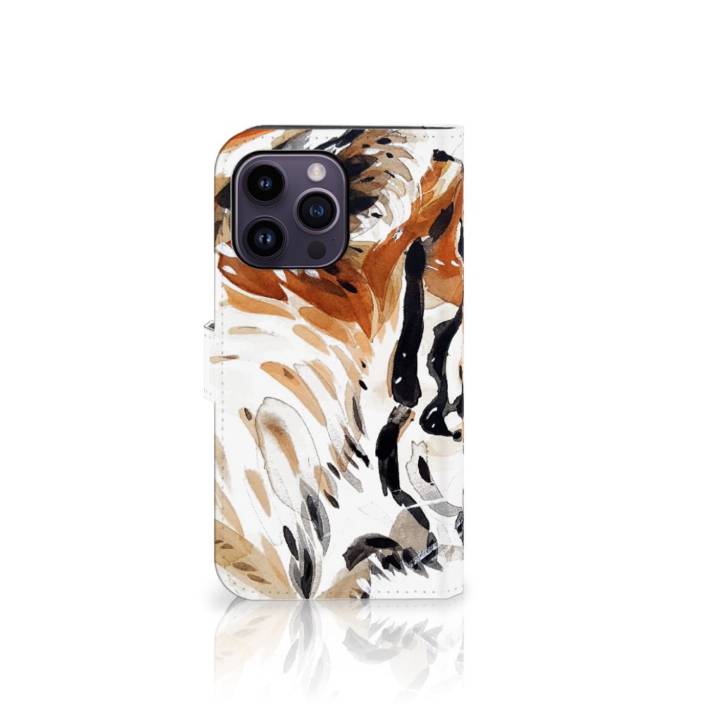 Hoesje iPhone 15 Pro Max Watercolor Tiger, abstract tijger ontwerp, prachtige kleuren en magnetische sluiting.
