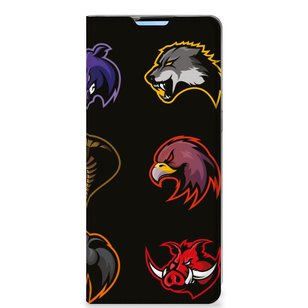 OPPO Reno4 Pro 5G Magnet Case Cartoon met kleurrijke cartoon dierenkoppen op een zwarte achtergrond.