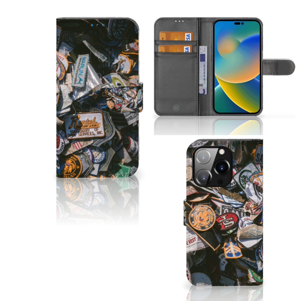 iPhone 14 Pro Telefoonhoesje met foto Badges met kleurrijke badges en pasjeshouder voor ultieme verzamelaars.