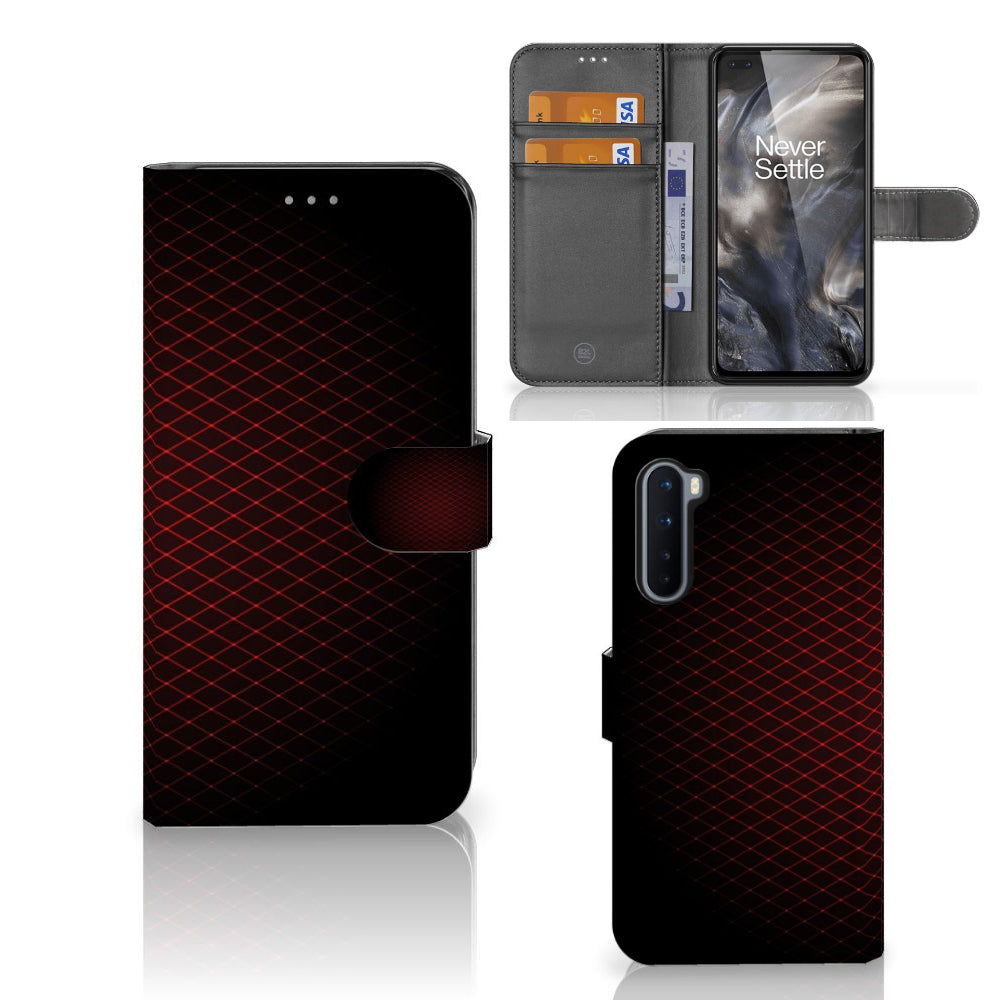 OnePlus Nord Telefoon Hoesje Geruit Rood met ruimte voor 3 pasjes en strakke, minimalistische uitstraling.