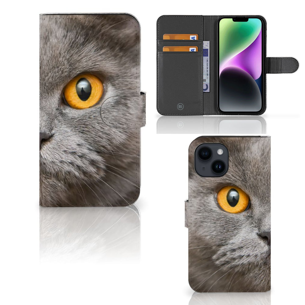 Telefoonhoesje met Pasjes iPhone 15 Britse Korthaar met afbeelding van een Britse korthaar kat
