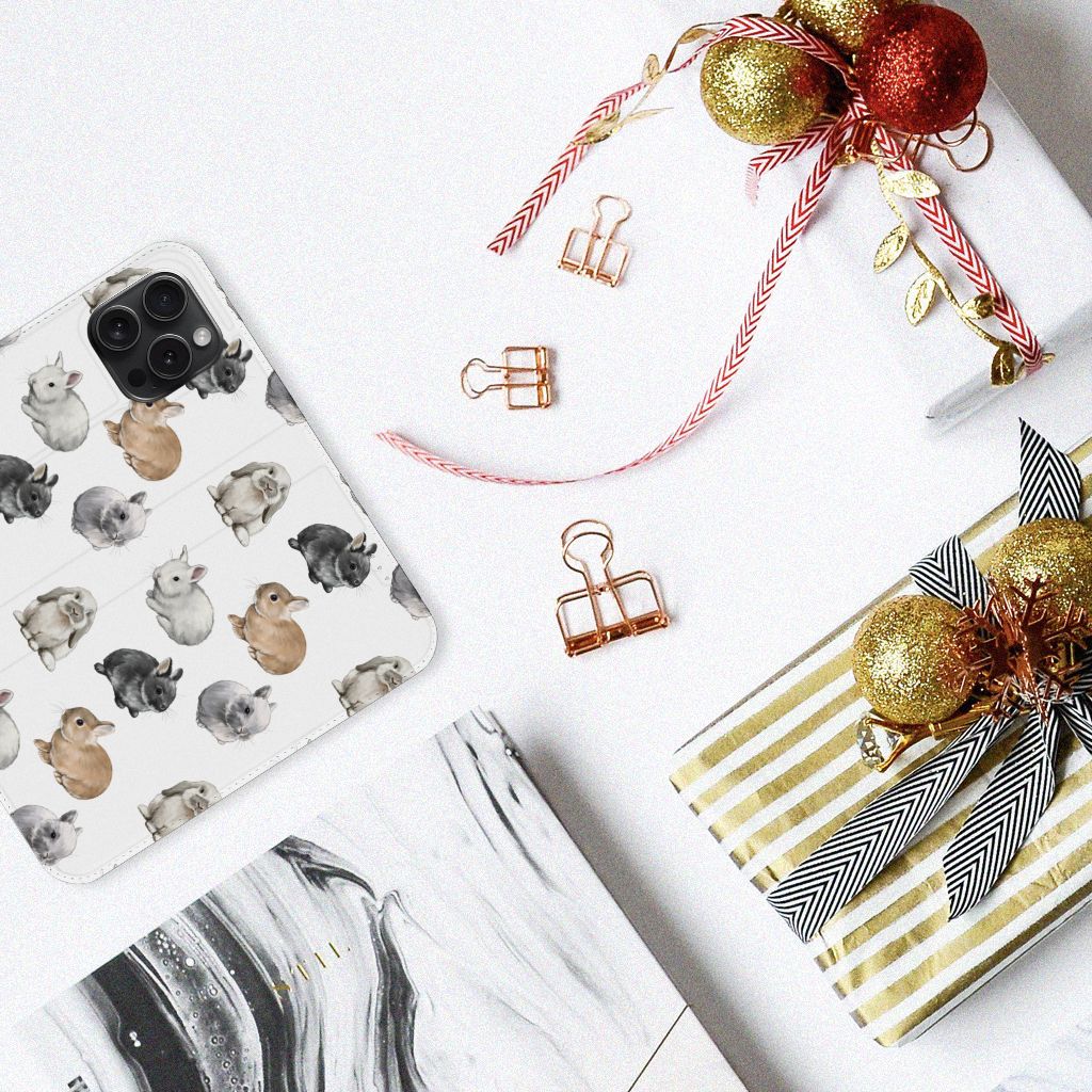 Hoesje maken voor iPhone 15 Pro Konijntjes met schattige konijnenprints op een stijlvolle achtergrond.