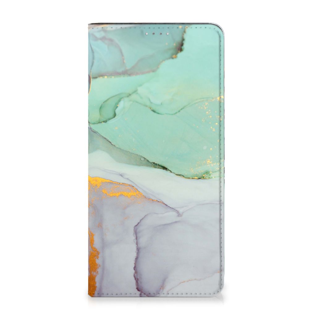 Bookcase voor Samsung Galaxy A14 4G Watercolor Mix met kleurrijk marmerdesign en gouden accenten.