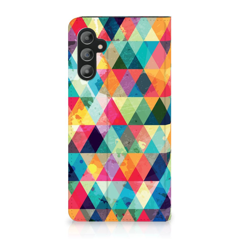 Samsung Galaxy A14 5G Hoesje met Magneet Geruit in kleurrijk ruitjesontwerp met geometrische patronen.