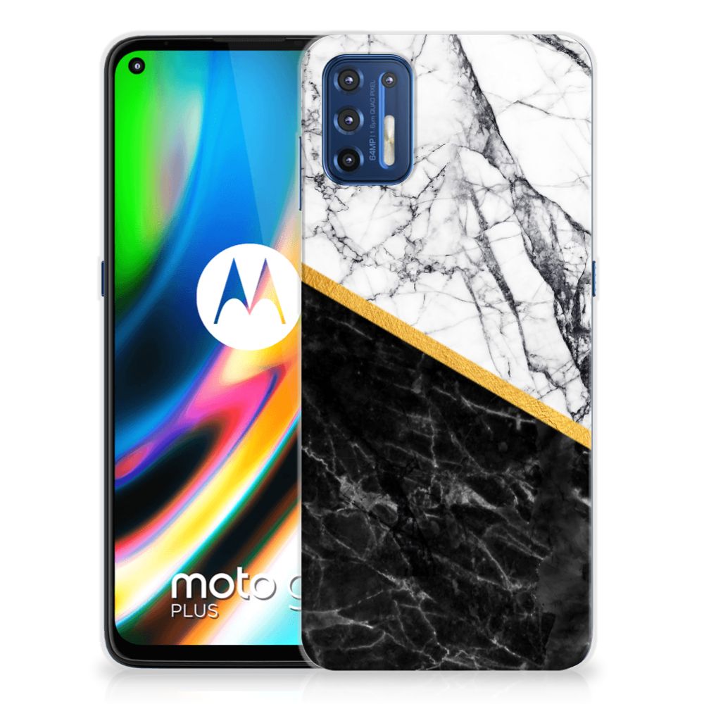 Motorola Moto G9 Plus TPU Siliconen Hoesje Marmer Wit Zwart - Origineel Cadeau Man